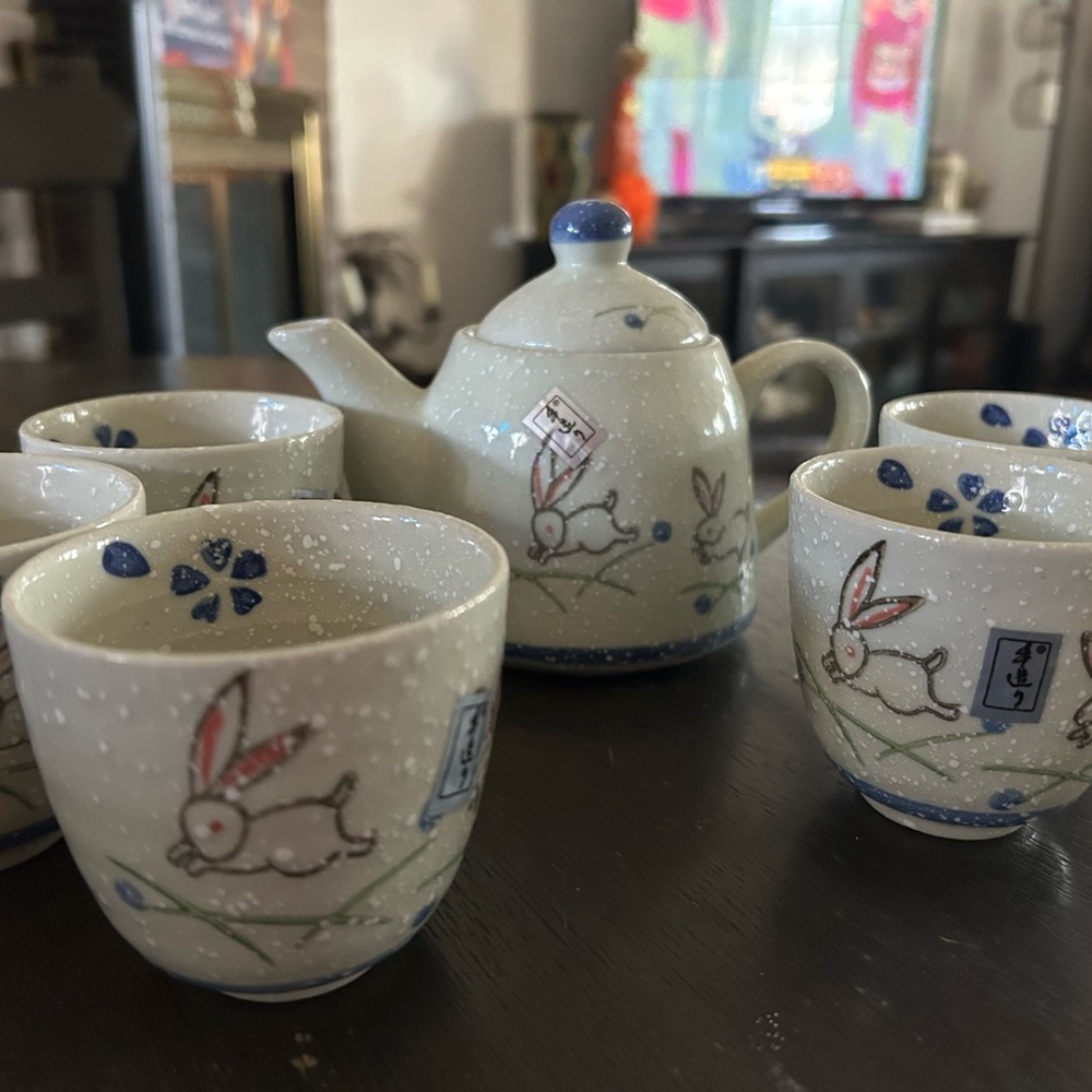 Whimsical Rabbit Ceramic Tea Set - Cream and Blue - Picture 11 of 11
